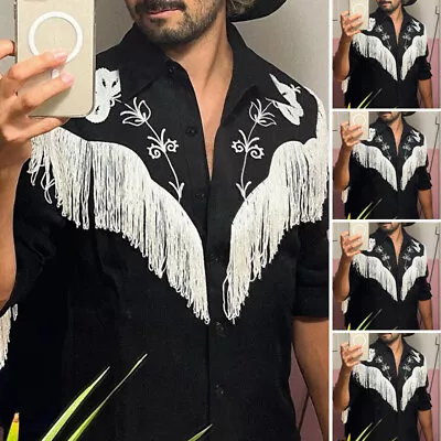 Mens Vintage Tassel Shirt Cowboy Printed Casual Tops Button Down Blouse Tee Top • $24.54