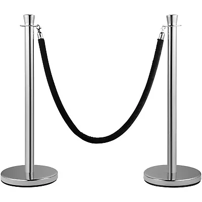 2 Pcs Crowd Control Stanchion Silver Queue Pole Barrier With Black Velvet Rope • $65.99