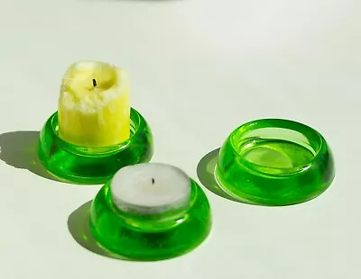 Candle Holder Vaseline Uranium Depression Glass Furniture Coaster 3pc Vintage • $27.95