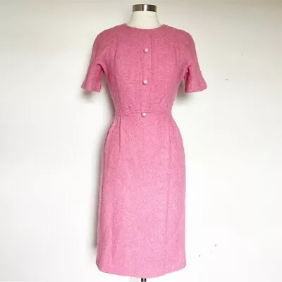 Vintage 60s Pink Boucle Dress 6? Short Sleeve Midi Skirt Neusteters Jackie O Mod • $69.99