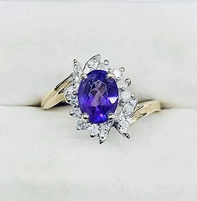 14k Yellow Gold Oval Amethyst Purple Gemstone & Diamonds Leaf Ring Band Size ALL • $92.39