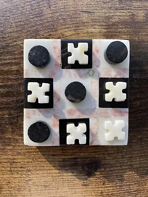 Vintage Mini Marble Stone Black White Rose Tic-Tac-Toe Game Set • $49.99