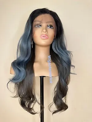 Blue Ombre Wig Brown Lace Frontal Free Parting Wavy Layered 24 Inch Long Heat Ok • $54