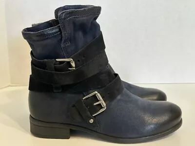 Womens Miz Mooz Shane Blue Leather Moto Buckle Strap Ankle Boots Wide 39 8.5-9 • $39.99