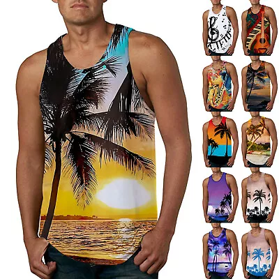 Men's Spring Summer Vest Casual Beach O Neck Printed Sleeveless Tank Tops Shirt • £12.79