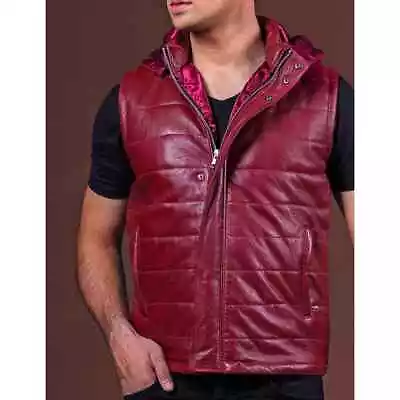 Mens Genuine Soft Leather Jacket Vest Hoodie Casual Design Fashion Style Red • $49.31