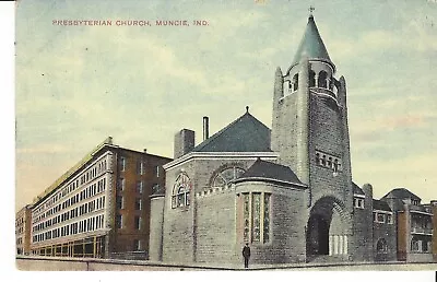 POSTCARD MUNCIE INDIANA  PRESBYTERIAN CHURCH Arched Entrance 1910 Corner View • $4.25