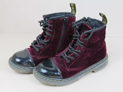 Dr. Martens Pooch Velvet Cherry Red/Purple Combat Boots Youth UK Size 13 • £34.75