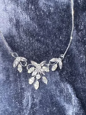 VINTAGE VAN DELL STERLING SILVER Short NECKLACE With Rhinestones And Leaves 18” • $18