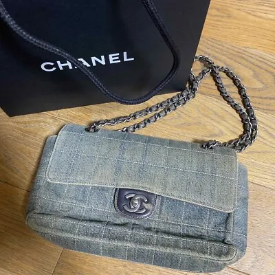 CHANEL Vintage Chocolate Bar Shoulder Bag Blue Denim Chain Turnlock CC Logo Used • $1369.50