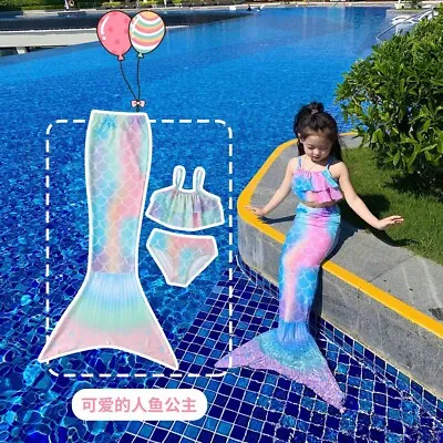 3Pcs Girls Mermaid Tail Swimsuit Swimwear Swimmable Fins Monofin Bathing Suit US • $16.66