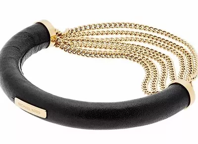 Michael Kors MKJ5762710 Luxe Black Leather Gold Tone Chain Bracelet NWT $115 • $68.99