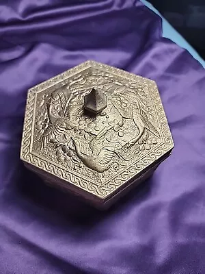 Vintage Japan Metal Crane Hexagon Lidded Trinket Box. Painted Gold  • $5