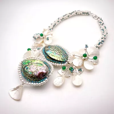 Cultured White Pearl Abalone Shell Statement Necklace Real Pearl Flower Necklace • $71.44