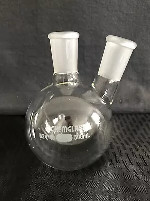 CHEMGLASS Glass 500mL 24/40 Angled 2-Neck Round Bottom Flask CG-1520-10 • $59.99