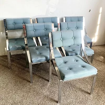 Postmodern Chrome And Tufted Blue Dining Chairs - Set Of 6 • $595