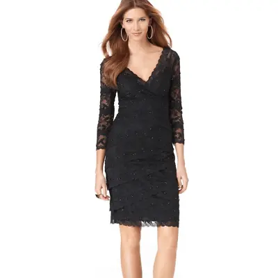 Marina Lace Tiered Beaded Black V Neck 3/4 Sleeve Knee Length Dress Size 10 • $36