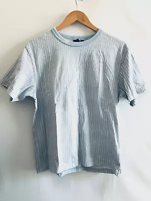 Marimekko X Uniqlo T-Shirt Size M Light Blue Vertical Stripe Print 100% Cotton • £14.95