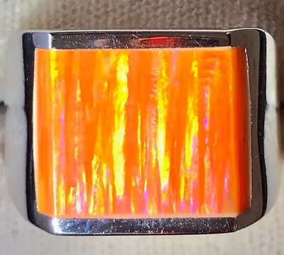 Orange Fire Opal Square Ultra Vivid FLASHES Heavy Sterling Men's Ring 9 VIDEO • $279