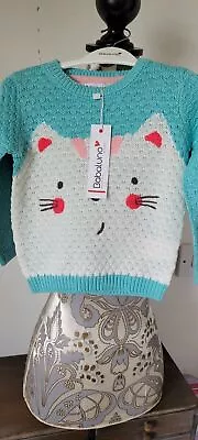 Stocking Filler Babaluno Cat Long Sleeve Jumper Turquoise White Baby Girl • £9.99