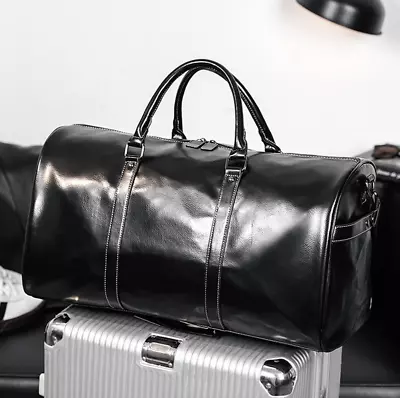 Large Vintage Leather Mens Overnight Bag Travel Duffle Gym Weekend Luggage Black • $47.40