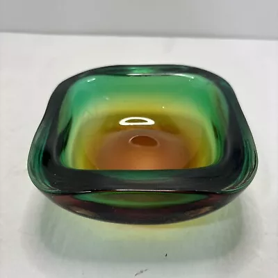 Murano Green And Amber Geode Glass Dish Bowl Vintage Mid Century Italy 5” • $59.99