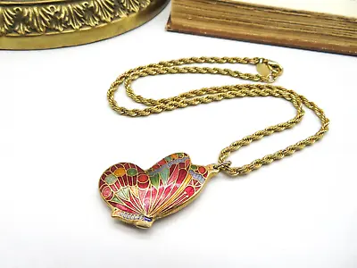 Vintage American Showcase Gold Pink Cloisonne Butterfly Pendant Necklace EE49 • $16.14