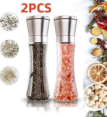 2Pcs Adjustable Salt Pepper Grinder Set Stainless Steel Glass Shaker Mill Coarse • £6.79