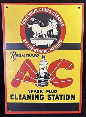 1940s AC  Spark Plug Cleaning Station Tin Litho Sign W/tobacco Mail Pouch ! • $500