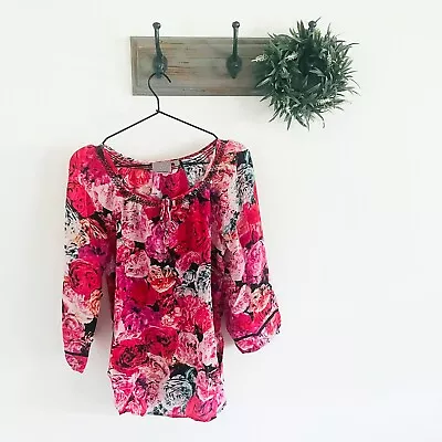 Anthro Vanessa Virgina Red Floral Silk Blouse S • $39.99