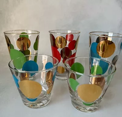 Russel Wright Eclipse Rocks Low Ball Old Fashion Gold Polka Dot Barware Set/5 • $95