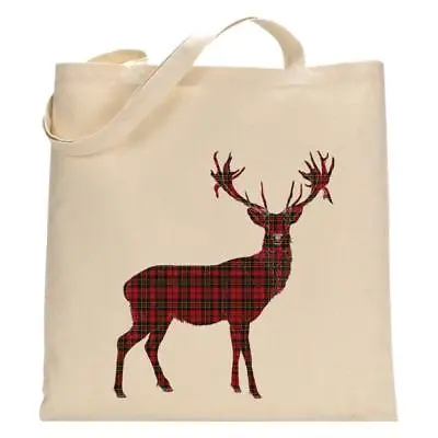 Tartan Stag Natural Tote Bag Birthday Christmas Gift Shopping Bag Reusable • £6.99