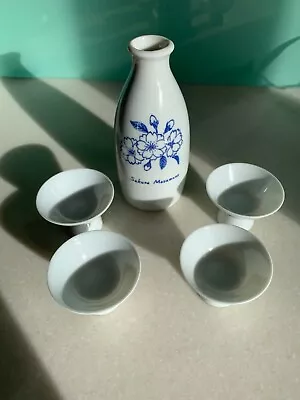 Japanese Blue Flower Blossom Ceramic Sake Bottle And Cups  • £5