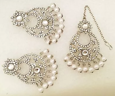 New Bridal Maang Tikka Earrings Set Pearl Kundan Silver Tone Indian Jewelry • $23.64