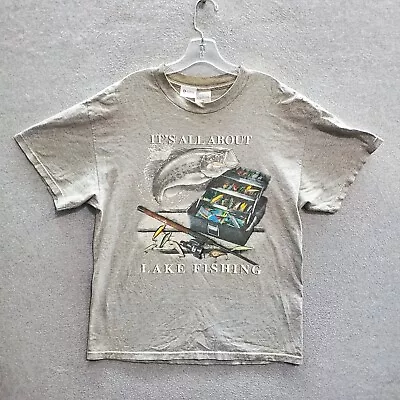 VINTAGE Bass Fishing Men T-Shirt Large Gray Y2K It's All About Lake Fishing Tee • $16.72