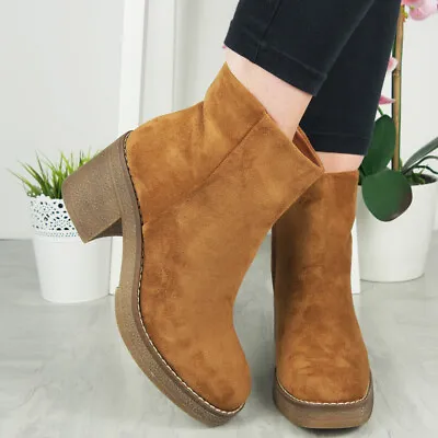 Ankle Boots Shoes Ladies Comfy Grip Lined Faux Suede Platform Zip Womens Sizes • £9.99