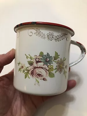 Vintage TrEs Enamel Ware Cup Mug Pink Roses Floral Red Rim Monterrey Mexico 3.25 • $12