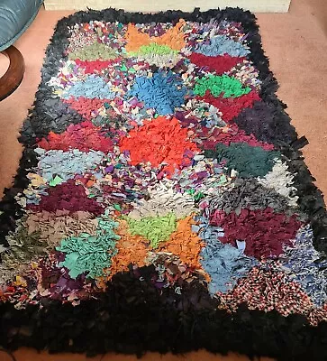 Vintage Rag Rug Clippie Style Handmade Rug Hessian Backing Abstract 72x42 Inches • £49