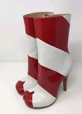 MAISON MARTIN MARGIELA Stripe Patent Tabi Stiletto Boot - Red & White - UK 4 • £619.99