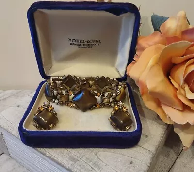 Vtg Florenza Style Faux Gold Moonstone & Amber Rhinestone Bracelet & Earring Set • $29.77