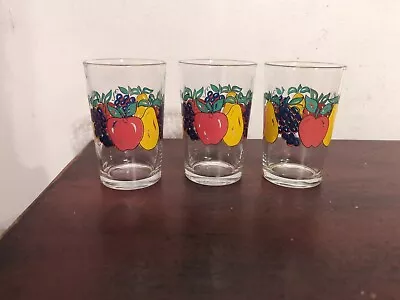 3 Vintage KIG Juice Drinking Glasses Fruit  Pear Apple Grape Indonesia  • $19.99