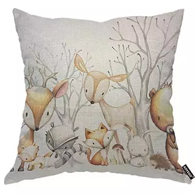 Deer Animal Throw Pillow Cover Woodland Deer Bear Fox Rabbit Tree Forest Cart... • $17.32