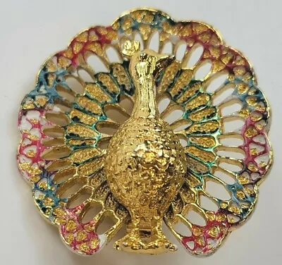 Vintage Signed Gold-Tone Figural Peacock Brooch With Multicolor Feathers Detail • $25