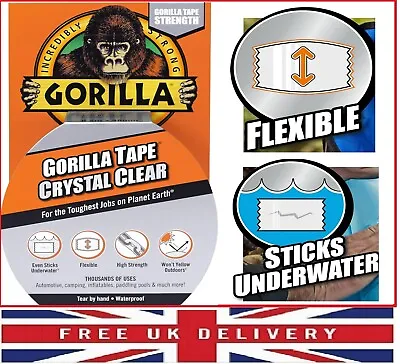 Gorilla Tape Crystal Clear 8.2m  Sticks Underwater Flexible High Strength • £8.97