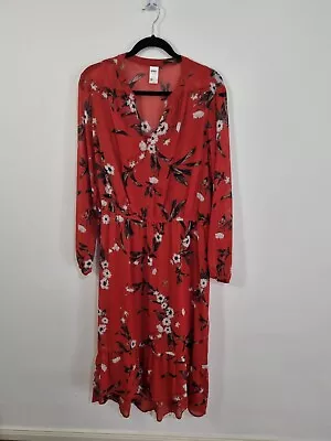 ANKO Size 18 Red Floral Long Balloon Sleeve V Neck Chiffon Maxi Dress High Neck • $9.95