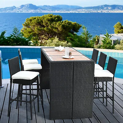 7 Pieces Patio Rattan Wicker Bar Dining Furniture Set W/6 Stools Wood Tabletop • $439.99