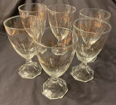 Vintage Set Of 6 Libby Clear Gold Floral Drinking Glasses  • $15