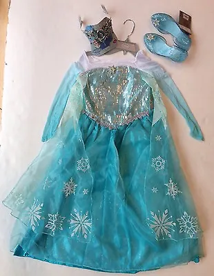 NWT Disney Store Frozen Sz M 7-8 Elsa Costume Dress Tiara & Light Up Shoes • $99.95