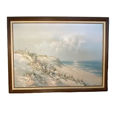 Vintage Large Seascape Painting Sand Dunes Crashing Waves Beach Ocean Signed • $60
