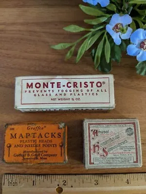 Lot 3 VINTAGE ANTIQUE ADVERTISING BOX : Monte Cristo  Anusol Graffco Map Tacks • $11.99